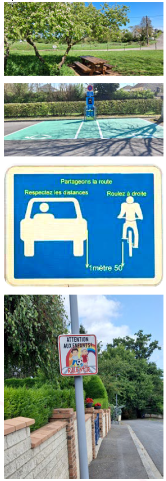 Ensemble de photos sur les travaux faits en 2025 : borne de recharge électrique, panneau de sécurité "Partageons la route", panneau de sécurité "Attention aux enfants"