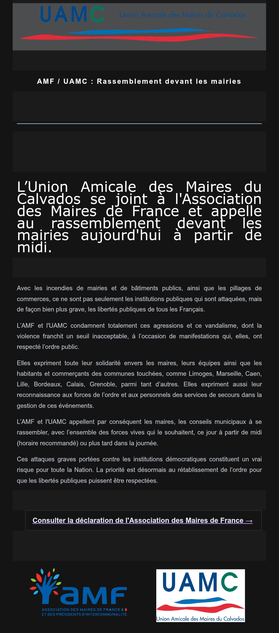 Texte en soutiens des Maires de France suite aux dégradations faite pendant les manifestations